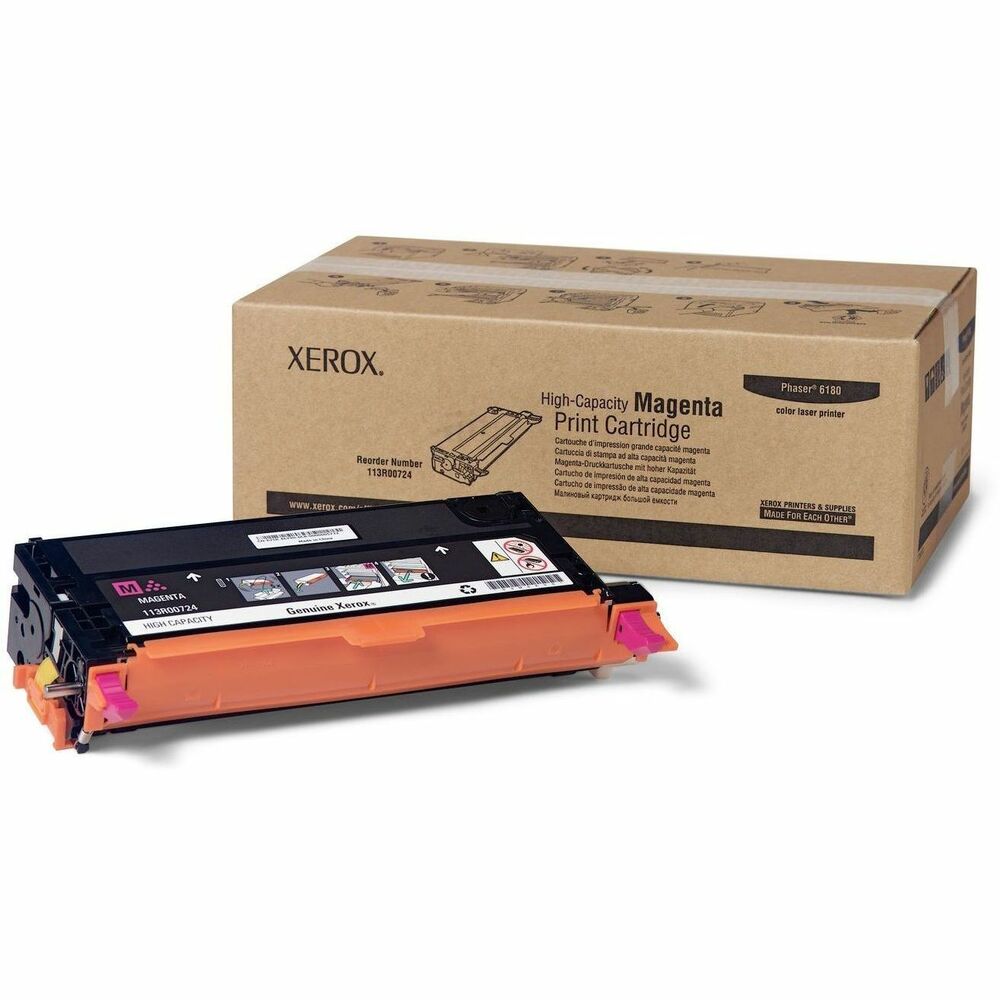XER113R00724 - Xerox Genuine Phaser 6180/6180MFP Magenta High capacity Toner Cartridge (6000 Pages) - 113R00724 is specially formulated and tested to provide the best image quality and most reliable printing you can count on page after page. Xerox Genuine Supplies and Xerox equipment are made for each other. Accept no imitations. Compatible toners may risk breakdown of Xerox printers and result in poor print quality and weak colors. With over 75 years' experience, Genuine Xerox Supplies are something you can rely on.