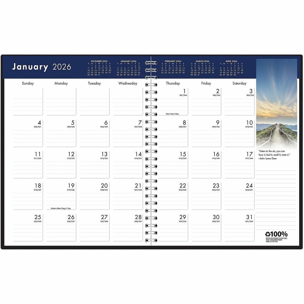 HOD26402 - Wirebound monthly planner features a full-color nature scene and inspirational quote to enhance your planning. Dated planning pages range 14 months from December to January. Each two-page-per-month spread offers daily blocks (2-1/8" x 1-7/8"), a ruled notes section, Sunday-through-Saturday scheduling, count of days/days remaining, holidays and past, current and three future months reference at the top. Cover is made of embossed, simulated leather. Nonrefillable monthly planner contains a high percentage of recycled material.