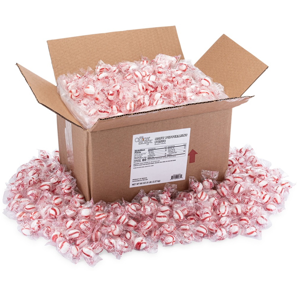 OFX00661 - Old-fashioned peppermint puffs melt in your mouth for a delightfully sweet way to freshen your breath. Time-tested recipe offers just the right amount of peppermint flavor without any trans fat. Individual wrapping ensures long-lasting freshness and taste. Peppermint puffs are perfect for keeping in reception areas, breakrooms and more.
