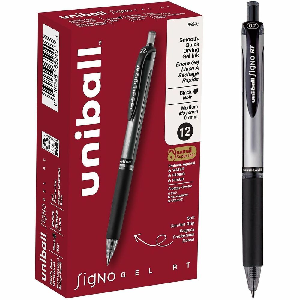 UBC65940 - Create clear, crisp lines with Signo RT Retractable Gel Pens from uni-ball featuring a 0.7mm medium point with a stainless steel tip that resists bending and breaking. Even-flowing, pigment-based gel ink delivers a smooth writing experience with long-lasting, vibrant color. Use these retractable gel pens for everyday writing tasks, list making, note taking and check signing. Innovative uni Super Ink technology effectively entraps the gel ink into the paper, producing fraud, fade and water-resistant documents. The 0.7mm medium point produces bold and vibrant gel ink color every time. A soft rubber grip helps you continue writing without fatigue while maintaining precision and detail throughout your tasks, while a translucent ink window indicates the level of gel ink remaining, so you don't run out unexpectedly. These retractable gel click pens boast a sleek, semi-translucent barrel with a rubber grip for exceptional writing comfort.