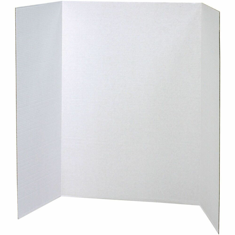 PAC3774 - Tri-fold, single-wall, corrugated display board is used for study carrels, projects, booths science fairs and all types of displays. The board is white on the front and natural kraft on the back.