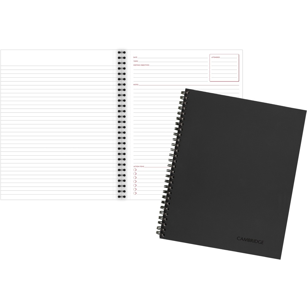 MEA06132 - Meeting notebook helps you organize all your meeting notes. Layout includes sections for Attendees, Notes and Action Items. Linen cover has black wire binding. Meeting notebook contains 80 sheets of ruled, premium bond paper with a no-bleed writing surface. Pages are perforated.
