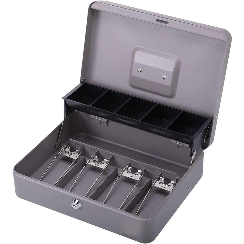 SPR15507 - Locking cash box features a five-compartment coin tray that automatically lifts when top is opened to expose area for cash bills below. Lid opens to 90 degrees. Cash box is made of steel and includes two keys.