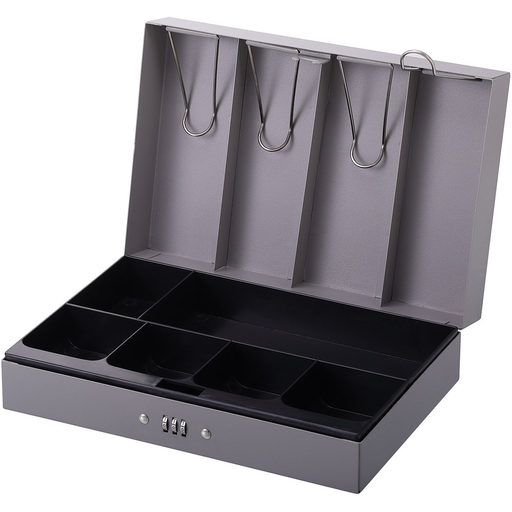 SPR15508 - Steel cash box offers a combination lock for extra security. Lid tray features spring-loaded clips to hold paper money. Six-compartment tray for coins and other items is removable. Tray has one long compartment for cash and five smaller compartments for coins and other items. Cash box has storage area below removable tray.
