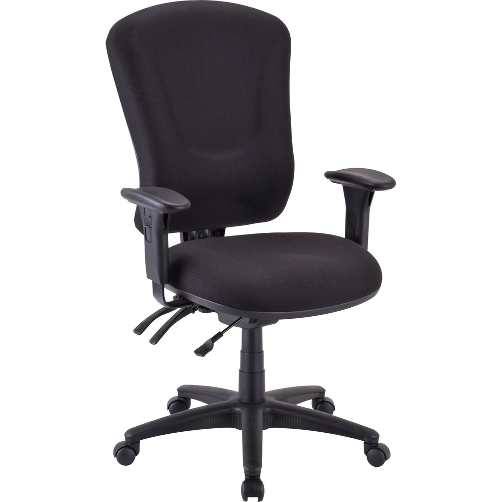 LLR66153 - Managerial task chair features adjustable arms and contoured seat and back with molded foam that provides long-lasting comfort. Waterfall seat provides under-thigh support. Arms adjust in width from 18" to 19-1/2". Functions include pneumatic seat-height adjustment (18-1/10" to 21-7/10" high from floor), back-height adjustment, 360-degree swivel, tilt lock and asynchronous control. Task chair offers a 275 lb. capacity and is available in black frame only. The fabric is 100 percent polyester.