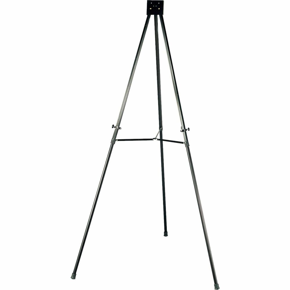 LLR75683 - Telescoping aluminum easel features antiskid rubber feet and adjustable tubular legs. Twist-lock leg design holds legs firmly in place. Locking cross-brace ensures rigidity. Easel supports up to a 10 lb. display. Fold the easel down to fit inside a briefcase.