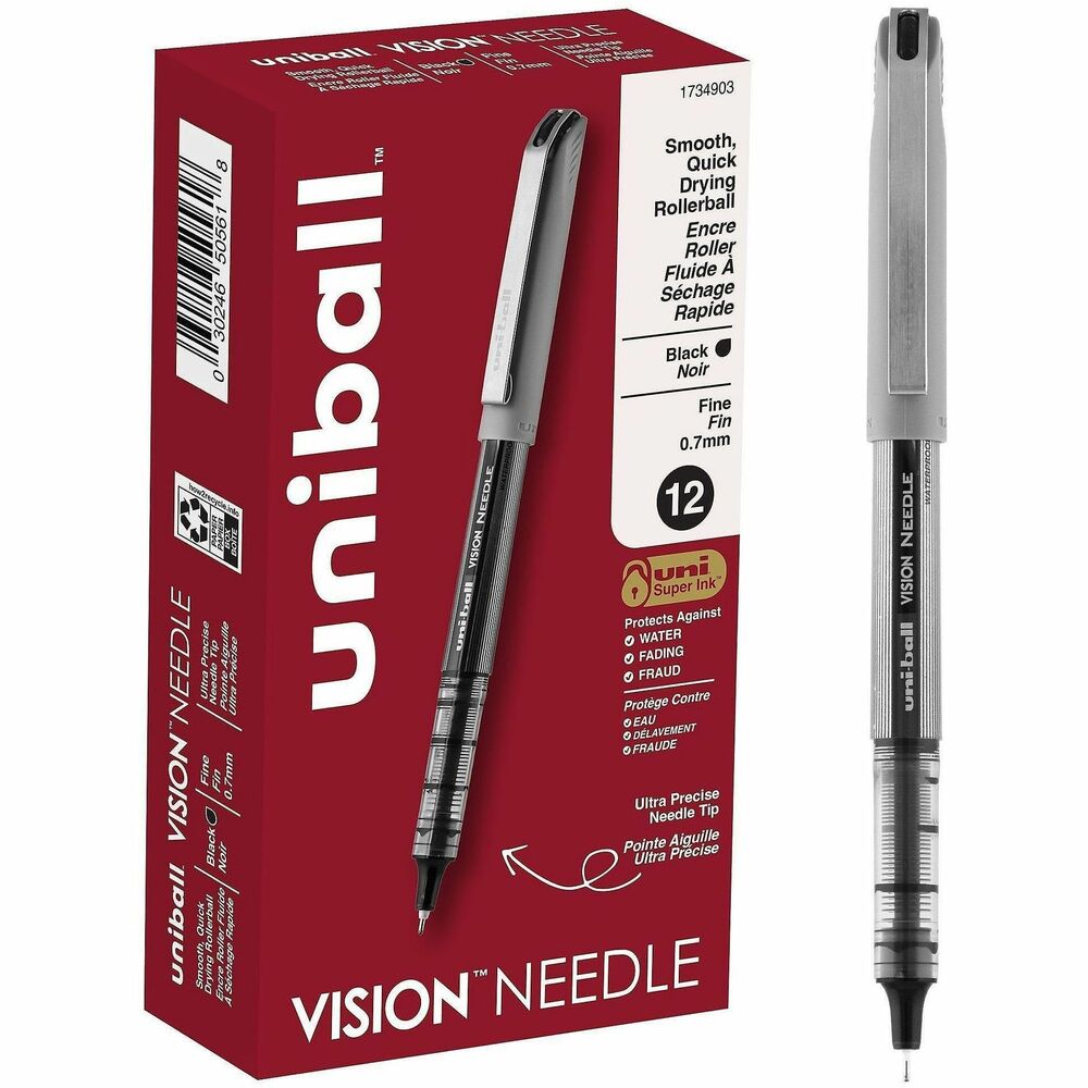 UBC1734903 - Stock your office, home or classroom with Vision Needle Stick Rollerball Pens from uniball featuring a strong, long lasting 0.7mm fine point. These needle point pens are designed with a bend resistant tip for better accuracy. Even-flowing, pigment-based roller ink delivers a smooth writing experience for reliably smooth, vivid lines and a rich color for improved clarity and readability. Use these fine point rollerball pens to create perfect letters, numbers and graphics. Innovative uni Super Ink technology effectively entraps the liquid ink into the paper, producing fraud, fade and water-resistant documents that resist check washing or bleaching. The 0.7mm fine needle point allows you to create ultra-precise, straight edge lines with ease. The exclusive Uni-Flow Ink System ensures a consistent, delightfully fluid writing experience, and a translucent window ensures that you don't run out of ink unexpectedly. Enjoy beautiful clean lines and give all of your ideas a burst of brilliant color with this classic style fine point rollerball pen.