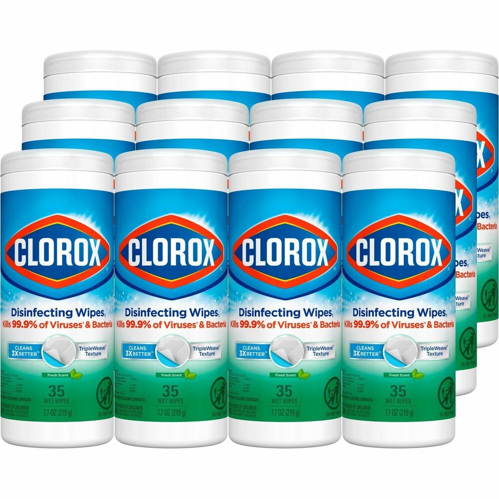 CLO01593CT - Clorox Disinfecting Wipes clean, disinfect, deodorize and remove allergens for five times the cleaning power and leave behind a pleasant, fresh scent. Wipes clean and disinfect with antibacterial power that kills 99.9 percent of viruses and bacteria that can live on hard, nonporous surfaces, including COVID-19 Virus, staph, E. coli, MRSA, salmonella, strep and Kleb. These all-purpose, disposable wipes remove common allergens, germs and messes on surfaces like kitchen counters, bathroom surfaces and more and can prevent the growth of odor-causing bacteria on nonfood-contact surfaces for up to 24 hours. Wipes are safe to use on finished wood, sealed granite and stainless steel. Clean with bleach-free wipes to keep dirt and germs away. Use as directed and allow surfaces to air-dry. More from the Manufacturer
