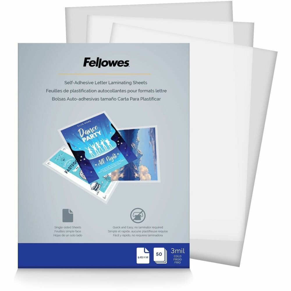 FEL5221502 - Self-adhesive sheets offer quick, easy, single-sided document protection. Self-adhesive pouch can be used without machines or with machines with a cold setting. Simply position document in the pouch, remove adhesive backing and seal. 3 mil sheets feature a glossy finish and are safe for laminating heat-sensitive documents or photos. More from the Manufacturer