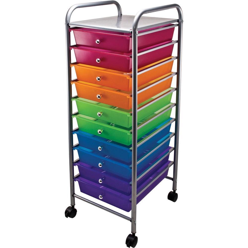 AVT34004 - 10-drawer organizer holds a wide assortment of items. Offers swivel casters for easy mobility (two locking). High-tech metallic rails and knobs add to its appearance. Each drawer measures 14-1/2" x 10-1/2" x 2-3/4".