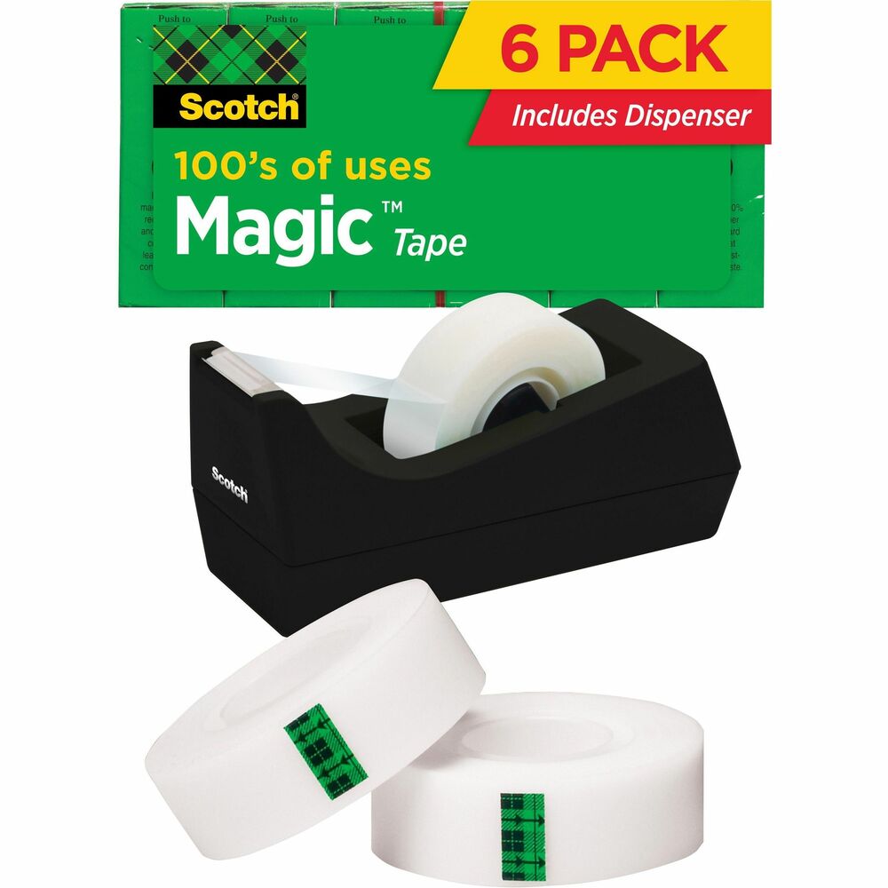 MMM810K6C38 - Scotch Magic Tape Dispenser Value Pack includes six rolls of Scotch Magic Tape and a desktop dispenser made from a high percentage of recycled plastic. The weighted, nonskid base allows convenient and efficient, one-handed dispensing and is designed to hold tapes up to 1,296" long. Scotch Magic Tape is the original matte finish, invisible tape. It disappears on most papers so it's easy to scan and read documents. This versatile tape is ideal for permanent paper mending and many other uses. It pulls off the roll smoothly, cuts easily and resists splitting and tearing. It will not dry out or yellow. Write on it with pen, pencil or marker. Tape is also photo-safe (determined in accordance with ISO Standard 18916). More from the Manufacturer
