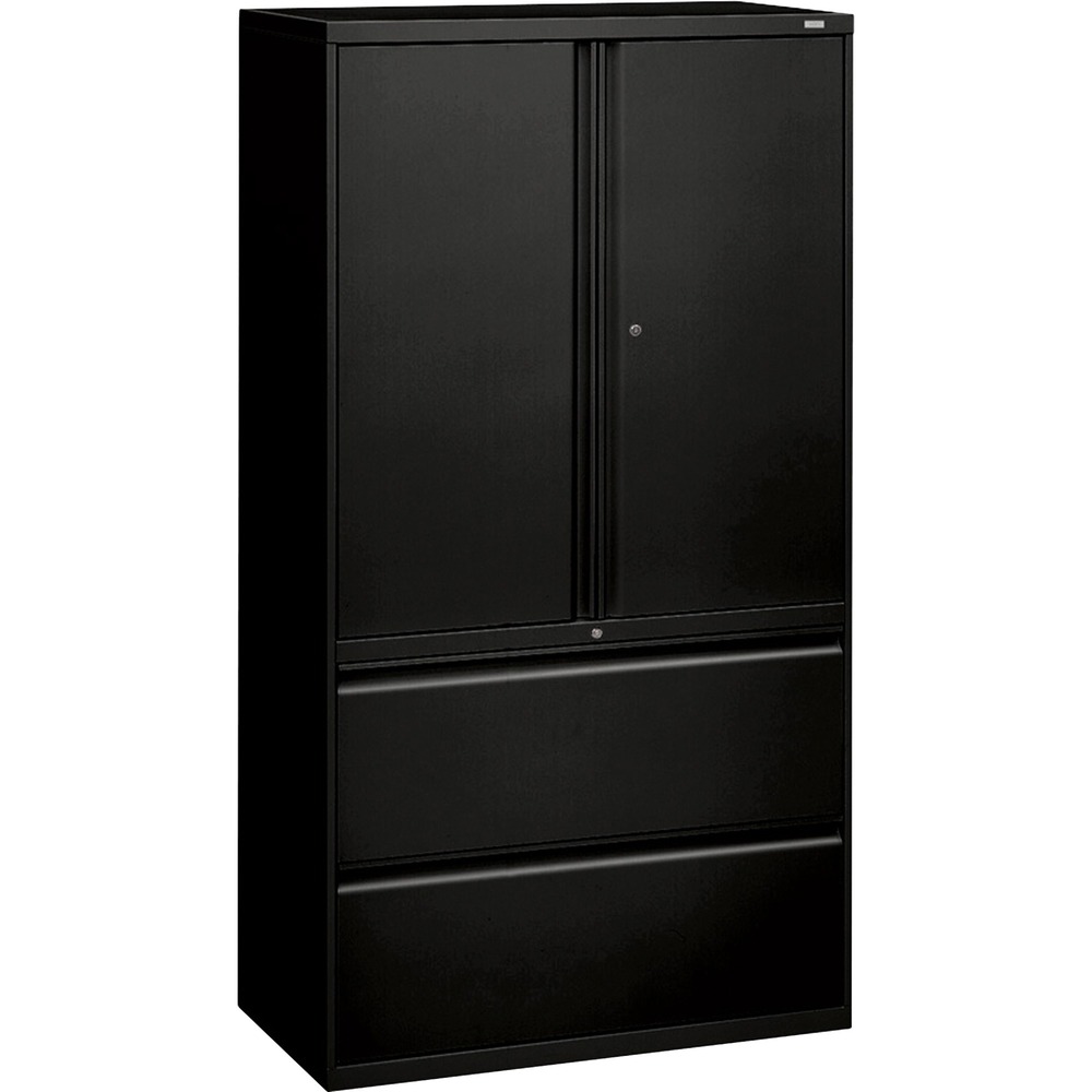 HON885LSP - Lateral file with cabinet storage is built to withstand all your storage demands. It features locking, hinged doors with bevel pulls and two adjustable shelves that adjust in 2" increments. Bottom of cabinet has two lateral file drawers with full-width radius pulls, steel ball-bearing suspension, and adjustable hangrails for side-to-side, letter-size/legal-size filing. Mechanical interlock inhibits the extension of more than one drawer at a time. "One-Key" core-removable locks on door and on file lock independently. Black lateral file has four adjustable leveling guides. File is certified by SCS to be in compliance with specific, indoor, air-quality emission requirements and meets or exceeds applicable ANSI/BIFMA standards.