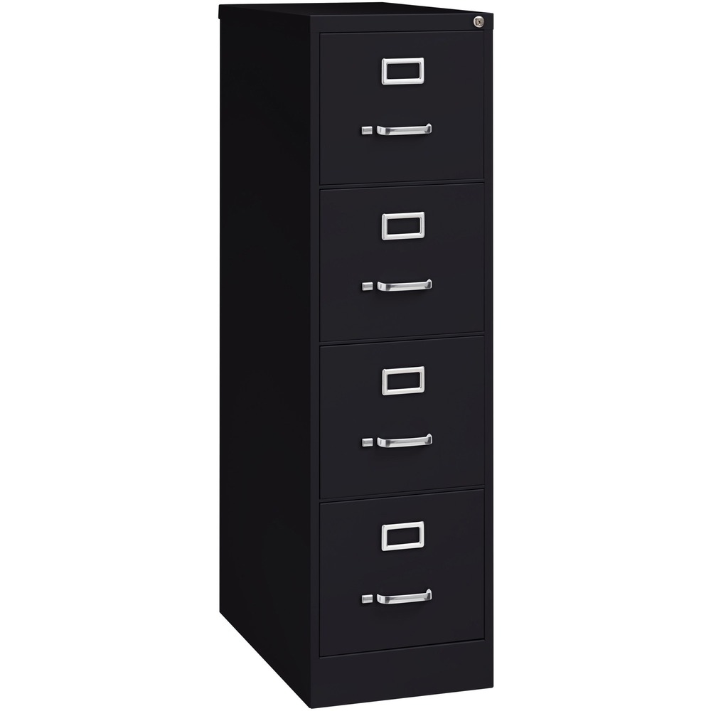 LLR60191 - Commercial-grade vertical file features four high-sided drawers that accommodate letter-size, hanging file folders without additional accessories. Slide suspension allows maximum drawer extension. Steel ball bearings provide smooth, quiet drawer performance. Even fully loaded, these drawers open with ease. Adjustable wire followers keep files upright. 26-1/2" deep vertical file also features a core-removable lock for security, aluminum label holders for easy referencing, convenient pull handles and heavy-gauge steel construction with recycled content. Vertical file meets or exceeds ANSI/BIFMA industry standards. More from the Manufacturer