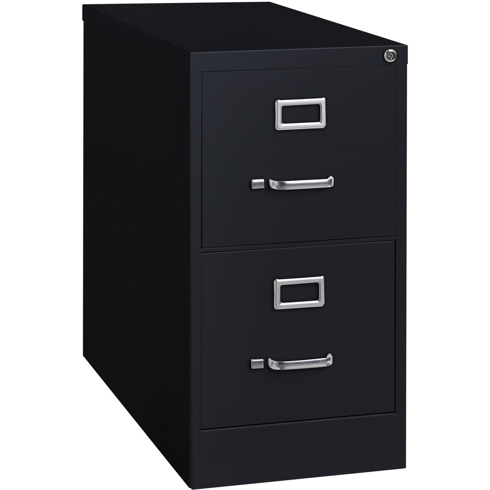 LLR60194 - Commercial-grade vertical file features two high-sided drawers that accommodate letter-size, hanging file folders without additional accessories. Slide suspension allows maximum drawer extension. Steel ball bearings provide smooth, quiet drawer performance. Even fully loaded, these drawers open with ease. Adjustable wire followers keep files upright. 26-1/2" deep vertical file also features a core-removable lock for security, aluminum label holders for easy referencing, convenient pull handles and heavy-gauge steel construction with recycled content. Vertical file meets or exceeds ANSI/BIFMA industry standards. More from the Manufacturer