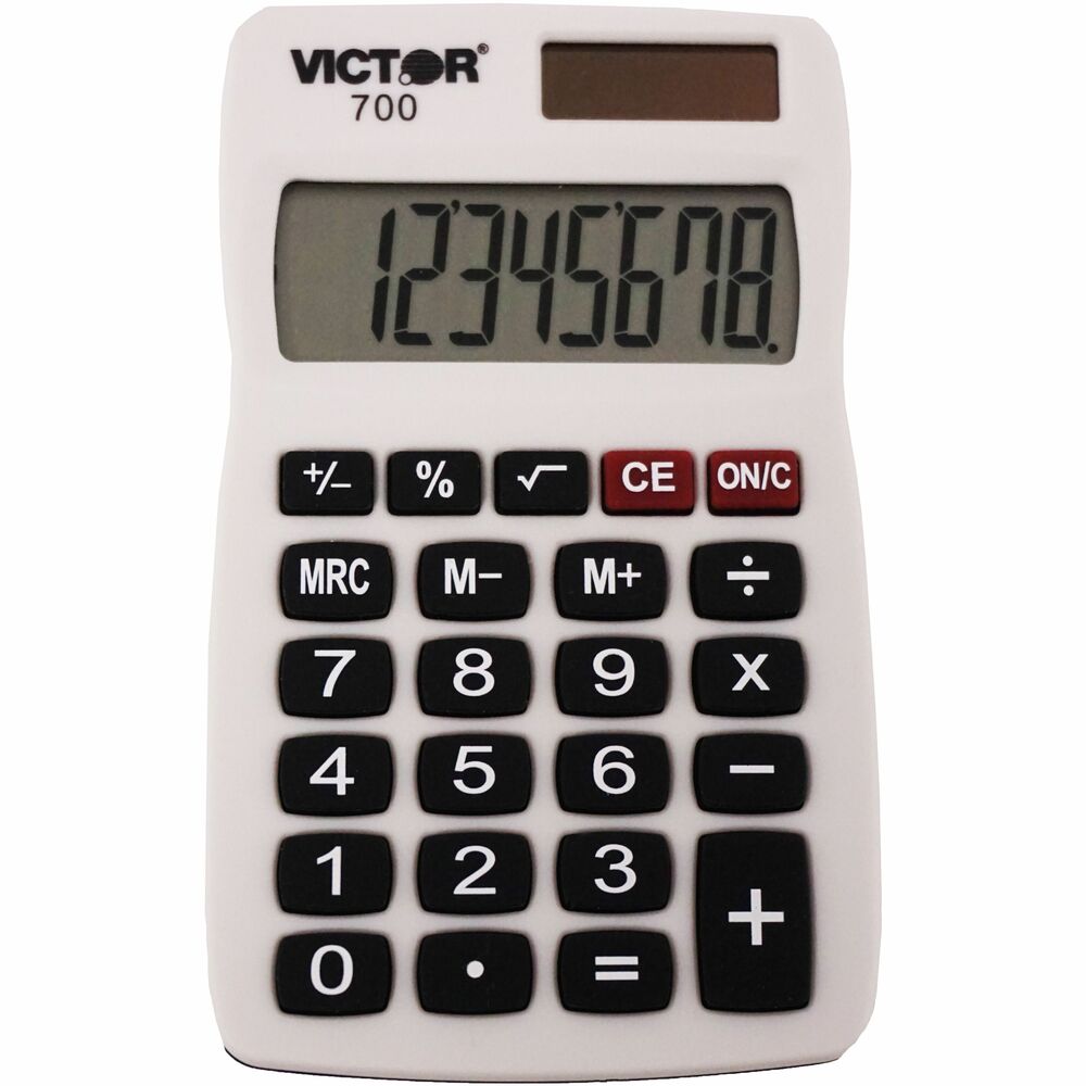 VCT700 - Handheld calculator offers a punctuated, eight-digit liquid crystal display (LCD) and nonslip rubber keys. Large display has 14mm digits. Four basic functions include three-key memory, percent and square root keys. Calculator runs on solar and battery power.