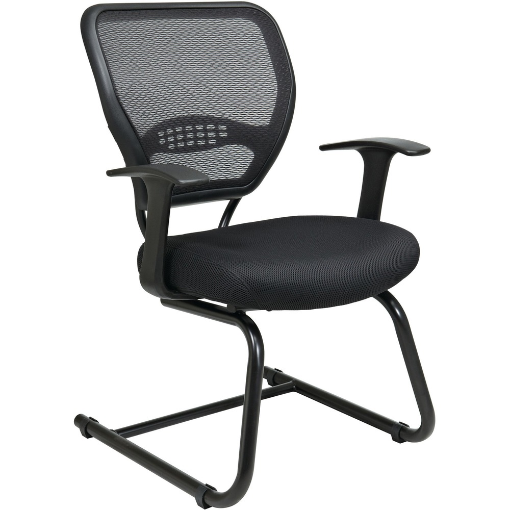 OSP5505 - Guest chair features a professional air grid back, mesh seat, fixed angled T-arms and heavy-duty sled base. The seat is thickly padded and contoured. Breathable back offers built-in lumbar support. Seat size is 20-1/2" wide x 19-1/2" deep x 3" thick. Back size is 20-1/2" wide x 20" high. Distance between arms is 18-3/4".