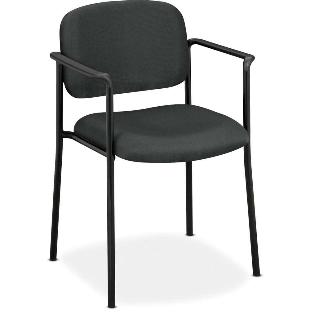 BSXVL616VA19 - Guest chair with arms is a perfect addition to your conference room, lobby or anywhere extra seating is needed. Design offers a contemporary look with plastic arms, a black round tube frame and padded seat and back. Seat measures 19" wide x 17-1/2" deep x 19" high. Back size is 18-1/2" wide and 14-3/4" high from seat. Distance between the arms is 20-1/8". Guest chair stacks four high. Chair weighs 14.3 lb.