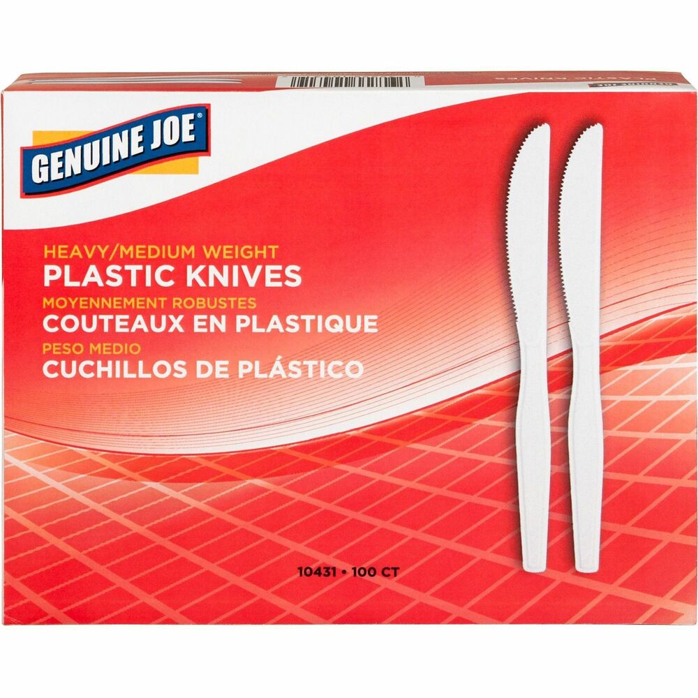 GJO10431 - Heavyweight knives are rigid and flexible. Disposable design is perfect for breakrooms or events. Knives are made of white polystyrene.