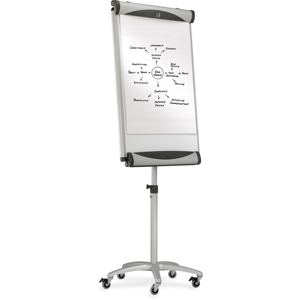QRTEU2000TE - Mobile easel features a magnetic porcelain surface and brushed silver frame. DuraMax Porcelain will not scratch or dent, and the Total Erase surface will not stain or ghost. The steel-backed porcelain creates a magnetic surface that doubles as a bulletin board. Easel features an accessory tray and five-star base with two locking casters. Flip chart pad holder accommodates all pads and adjusts in height from 67" to 77". Board surface measures 27" x 41". More from the Manufacturer
