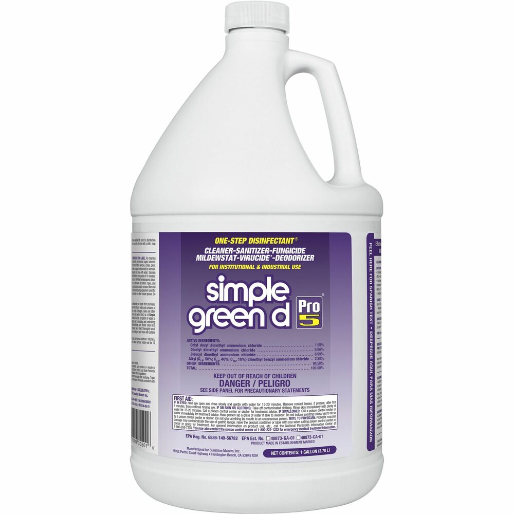 SMP30501 - The d Pro 5 One-Step Disinfectant is an EPA-registered disinfectant known for its high performance. Highly versatile concentrate is a disinfectant, cleaner, sanitizer, fungicide, mildewstat, virucide and deodorizer. It kills HIV-1, Herpes, SARS, Staph, Strep, MRSA, Salmonella, E. coli, Athlete's Foot Fungus and other dangerous and communicable health threats. It has no added color or scent, making it ideal for food production, processing and service facilities. Its strong cleaning ability and disinfecting power are perfect for high-traffic common areas such as restrooms, waiting rooms, lobbies and locker rooms. This disinfectant includes U.S. Public Health Service Sanitization instructions for food contact and nonfood services as well as EPA authorization for use in kennels, cages and veterinary hospitals.