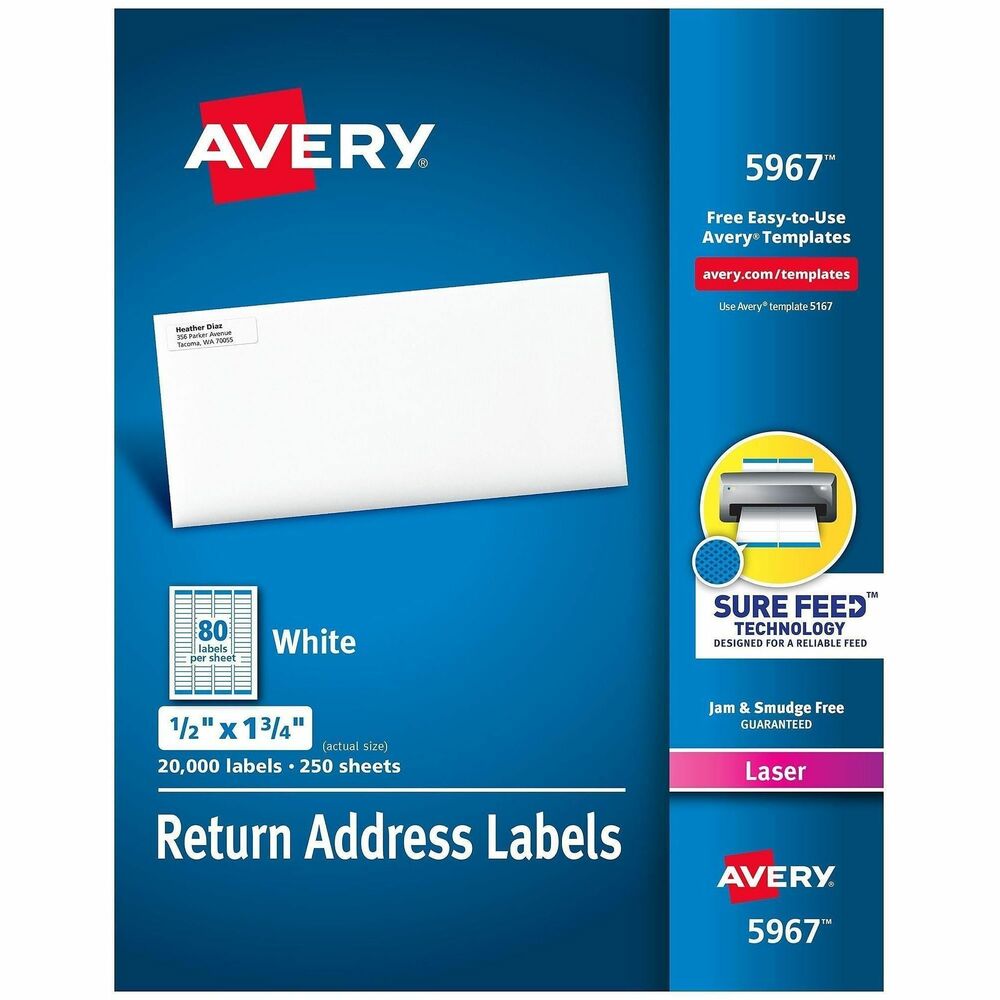 AVE5967 - These White Return Address Labels are great when you want to create professional labels quickly and easily. They're perfect for high-volume mailing projects, labeling bottles, Ball and Mason jars, food containers, bath and beauty products, product branding, event decorations, party favors and crafts. Sure Feed technology is designed for a reliable feed through your printer, helping prevent misalignments and jams. To easily customize your labels, use Avery's free online templates and designs. Each sheet includes 80 labels that each measure 1-3/4" wide x 1/2" high. More from the Manufacturer