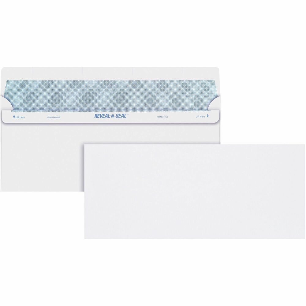 QUA67218 - No. 10 Security Tinted Business Envelopes feature a Reveal-N-Seal closure for the ultimate convenience and security. Self-seal closure alleviates the need to moisten flaps and throw away pull-off strips. Simply fold the bottom flap up and press for a secure seal. Perforated lines along flap show evidence of attempted tampering. Innovative design preserves the adhesive and lengthens shelf life until use. Security-tinted envelopes make it impossible to see content details. Send out business correspondence with the assurance of quality and security.