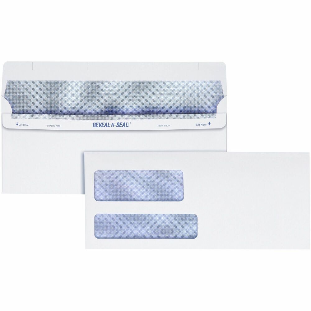 QUA67529 - No. 9 Double Window Envelopes display both sender and receiver addresses to mail statements and invoices. Reveal-N-Seal envelopes feature a perforated, tamper-evident, self-seal closure that clearly shows if someone has attempted to open the envelopes. Reflex blue pattern protects sensitive client information by obscuring the details of the contents even when held up to light. 24 lb. white wove envelopes feature side seams for a clean, professional look. 3-7/8" x 8-7/8" envelopes include a top window that measures 1-3/16" x 3-1/2" and positioned 3/8" from the left and 2" from the bottom. Bottom window measures 1" x 4" and is 3/8" from the left and 1/2" from the bottom.