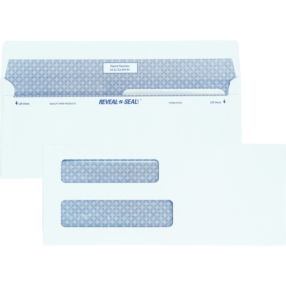 QUA67539 - No. 8-5/8 Double Window Envelopes are made of 24 lb. stock and include layered privacy features to keep checks secure. Reveal-N-Seal flap is perforated to show evidence of tampering. Security tint with pattern makes it difficult to read the contents even when held up to light. 3-5/8" x 8-5/8" envelopes feature double windows that fit QuickBooks or other payroll and accounts payable checks. Patented, fold-in-place closure won't seal prematurely. Just raise the bottom flap and press to seal.
