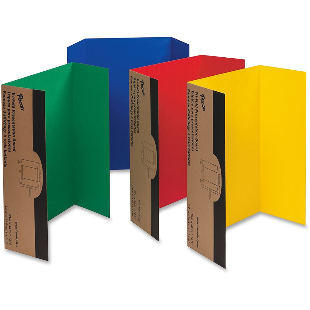 PAC3765 - Tri-fold, single-walled corrugated display boards are used for projects, booths, science fairs and all types of displays. Each board is colored on the front and natural kraft on the back. Assortment includes equal numbers of red, green, yellow and blue. Boards are made with a high percentage of recycled material.