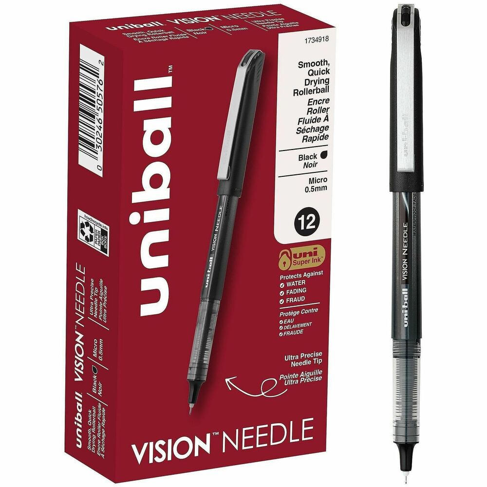 UBC1734918 - Stock your office, home or classroom with Vision Needle Stick Rollerball Pens from uniball featuring a strong, long lasting 0.5mm micro point. These needle point pens are designed with a bend resistant tip for better accuracy. Even-flowing, pigment-based roller ink delivers a smooth writing experience for reliably smooth, vivid lines and a rich color for improved clarity and readability. Use these micro point rollerball pens to create perfect letters, numbers and graphics. Innovative uni Super Ink technology effectively entraps the liquid ink into the paper, producing fraud, fade and water-resistant documents that resist check washing or bleaching. The 0.5mm micro needle point allows you to create ultra-precise, straight edge lines with ease. The exclusive Uni-Flow Ink System ensures a consistent, delightfully fluid writing experience, and a translucent window ensures that you don't run out of ink unexpectedly. Enjoy beautiful clean lines and give all of your ideas a burst of brilliant color with this classic style micro point rollerball pen.
