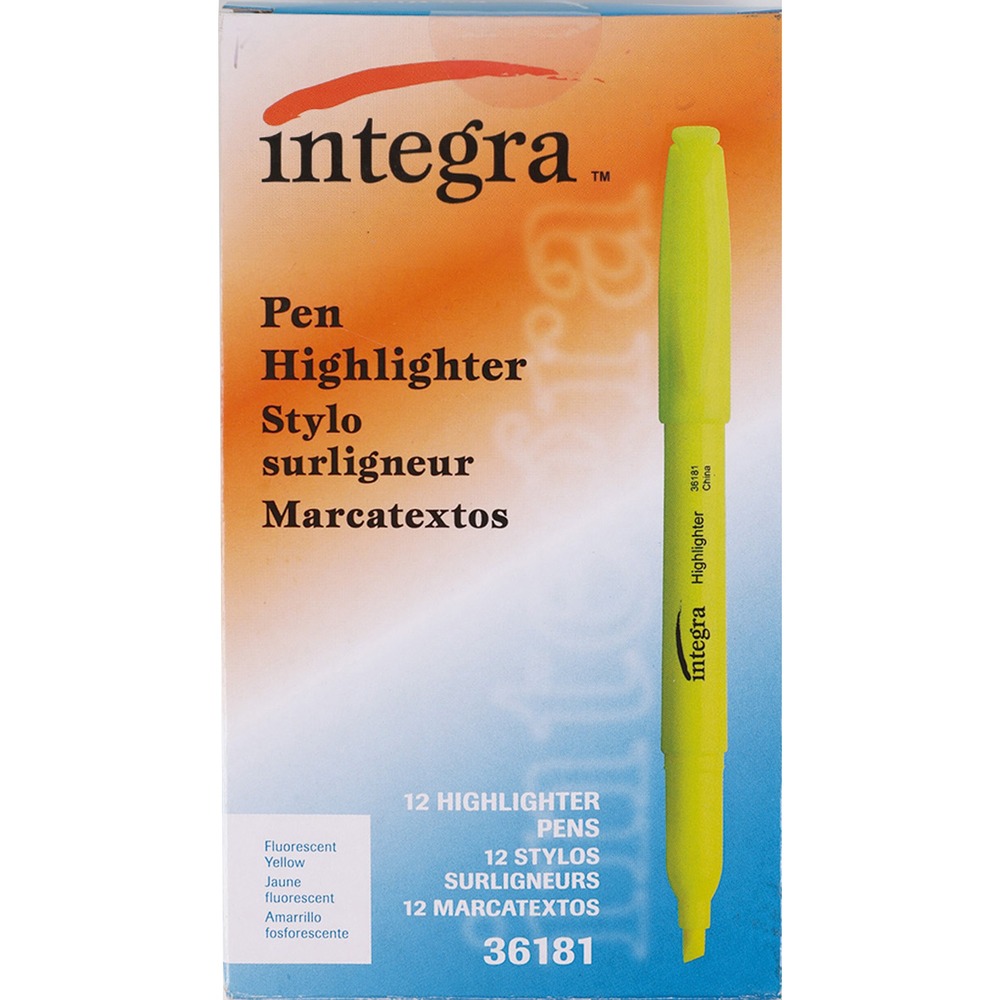 ITA36181 - Pen-style highlighters feature fluorescent ink and a chisel tip. The chisel tip makes wide or narrow lines. Ink is quick-drying and odorless.