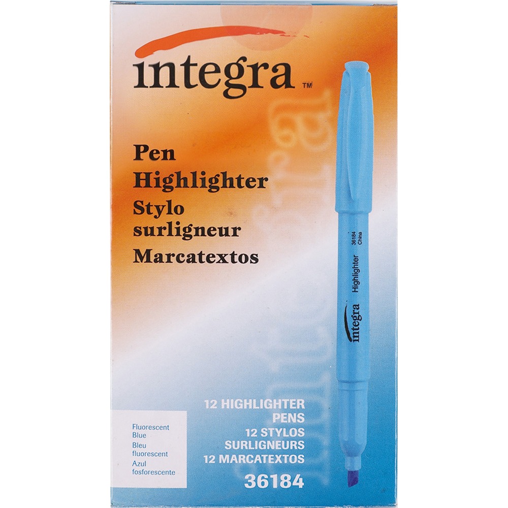 ITA36184 - Pen-style highlighters feature fluorescent ink and a chisel tip. The chisel tip makes wide or narrow lines. Ink is quick-drying and odorless.