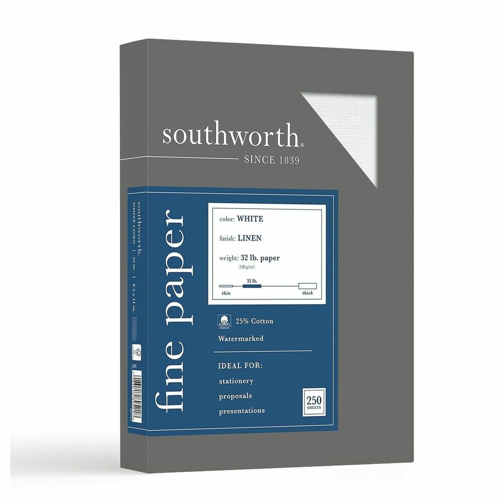 SOUJ558C - Linen business paper features 25 percent cotton content for texture and a fine linen finish. Ideal for letterheads, reports and presentations. Each premium weight sheet is acid-free, watermarked and date-coded. Paper is compatible with laser printers, inkjet printers and copiers. 32 lb. paper is made with a high percentage of recycled material.