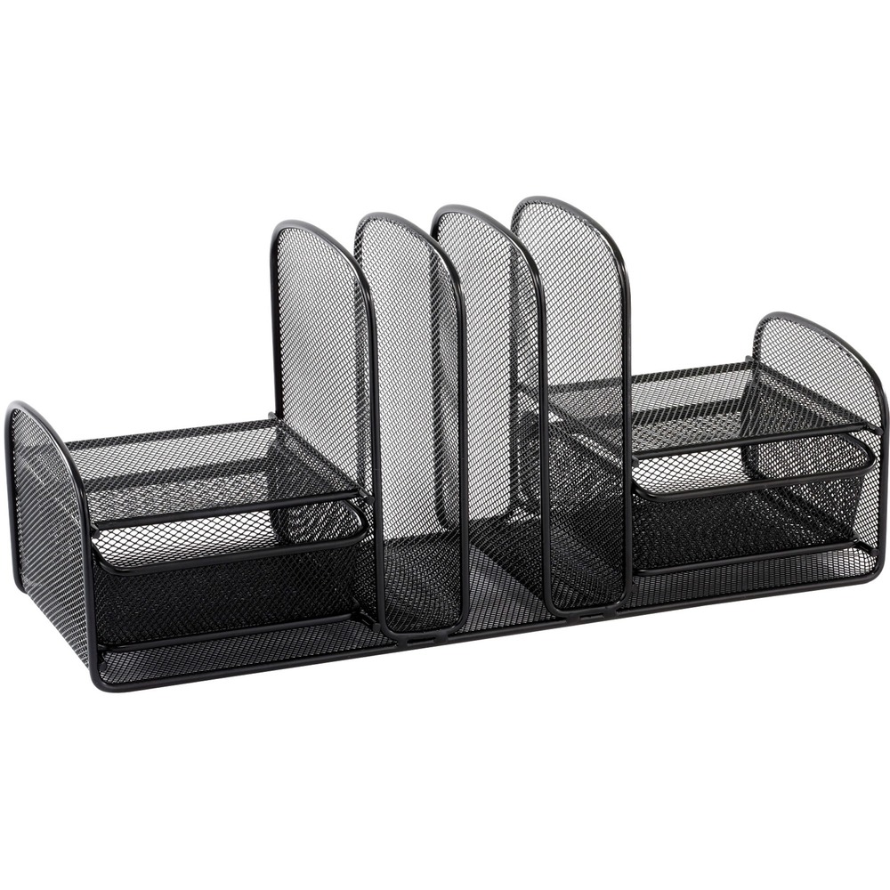 SAF3263BL - Multipurpose Mesh Desktop Organizer features three vertical file compartments for file folders or binders. Store small items in two slide-out baskets for easy access. Organizer has side shelves on top of basket for PDAs, cell phones and other small items.