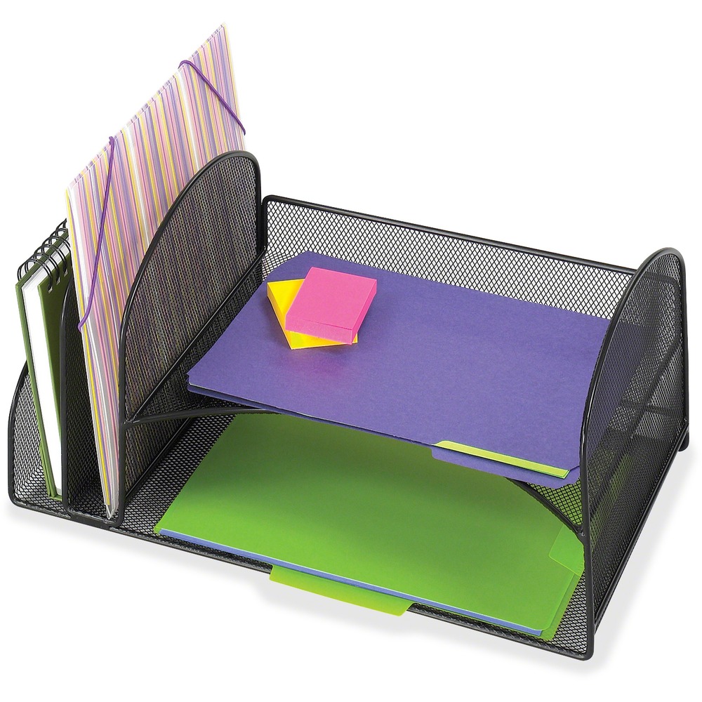 SAF3264BL - Mesh Desk Organizer offers two vertical file sections for file folders and two horizontal shelves for letter-size documents. Safco's Onyx Mesh Drawer Organizer (sold separately) fits on the bottom shelf. Greenguard Certified.