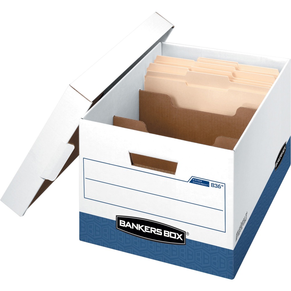 FEL0083601 - Divider storage box is built for heavy use and frequent access. Ideal for stacking without shelving. Stacking weight is 850 lb. Heavy-duty box includes three 5" corrugated dividers to keep files upright even when the box is partially full of your letter-size files. Design features double-bottom, double-side, triple-end construction. FastFold one-step setup makes box assembly fast and easy. Deep liftoff, locking lid stays in place to secure box contents. Reinforced, tear-resistant hand holes make box comfortable to carry. Box contains a high percentage of recycled material.
