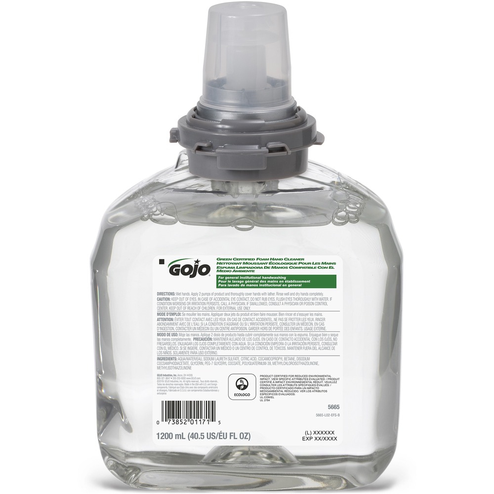 GOJ566502 - Green Certified foam handwash contains a mild, foam soap formula certified by Green Seal and EcoLogo to meet their joint standard (GS-41/CCD-104) for hand cleaners and hand soaps. Handwash is designed for use with GOJO TFX Touch-Free Dispensers. Refill bottle snaps in place with an audible click and includes a fresh dispensing valve.