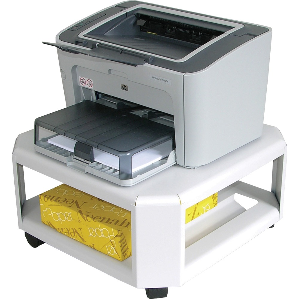 MAT24050 - Two-shelf, mobile printer stand frees up valuable desktop space. Top shelf accepts most sizes of laser and inkjet printers up to 18" wide x 18" deep. Heavy-duty casters allow the entire unit to pull out to give easy access to the cable connections. Mobile printer stand includes cable management slots and heavy-gauge, static-dissipating steel construction that can support up to 75 lb. Two built-in, power strip holders on the lower shelf of the unit provide a convenient and usable outlet (power strips not included).