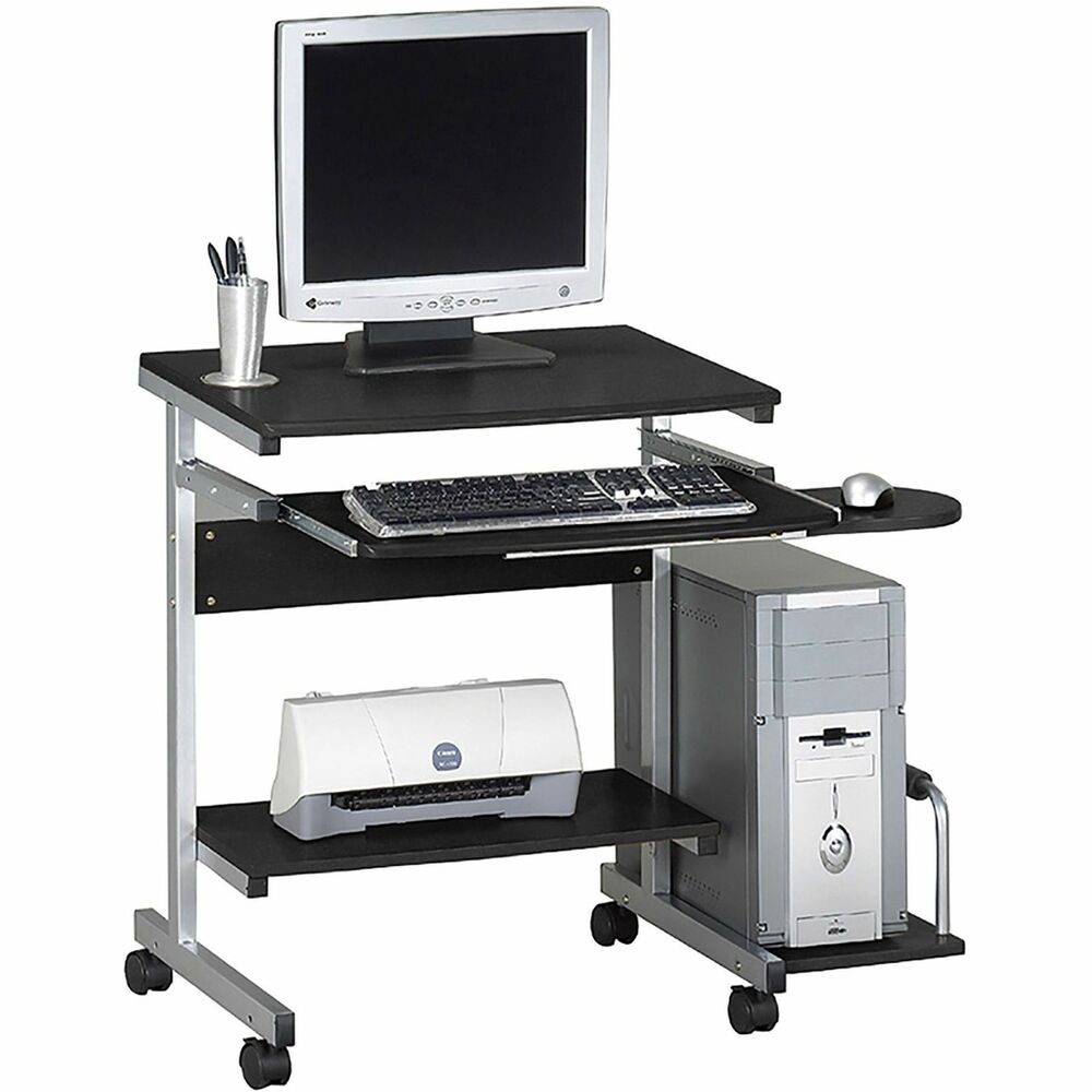 MLN946ANT - Portrait PC Desk Cart features a slide-out keyboard tray with mouse platform. Thermofoil shelves have contoured edges. CPU platform mounts to the left or right and is floor supported. Desk cart has a steel frame and five casters (two locking).