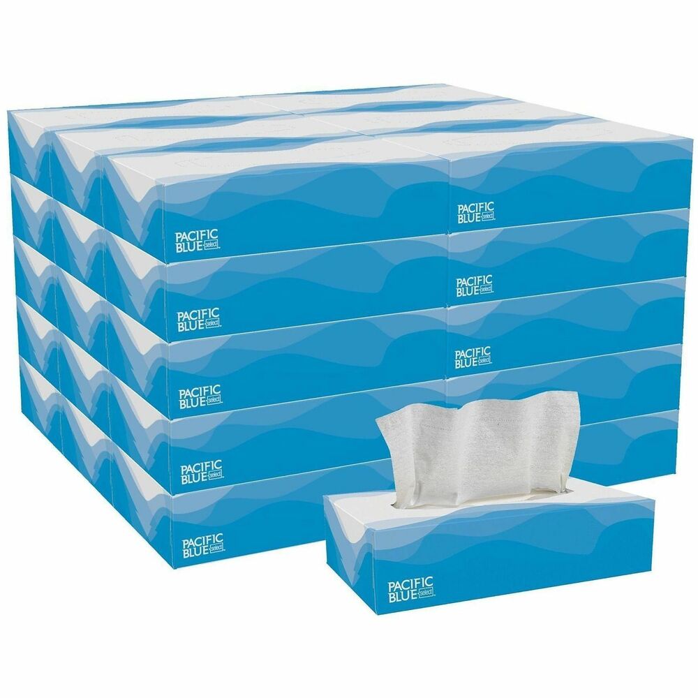 GPC48100CT - Soft, absorbent, white two-ply facial tissue comes in a decorative flat box. Ideal for use on the vanity or inside a built-in dispenser. Color-contrasted sheets let you know when it's time to change the box. Each box contains 100 sheets.