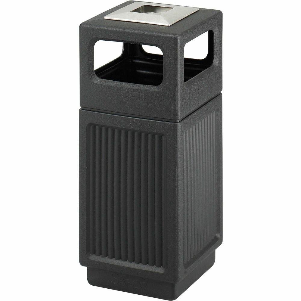 SAF9474BL - Waste receptacle with recessed panels offers an ash urn on top, openings on the side and a 15-gallon capacity. High-density polyethylene has built-in UV inhibitors to resist the harshest weather extremes for years. Telescoping base hides the bag. Outdoor receptacle uses standard 32" x 44" trash bags and is easily adaptable for anchoring or weighting devices. Side openings measure 9-1/2" wide x 4-1/2" high. Included, square ash urn on top is made of stainless steel and measures a 9" x 9".