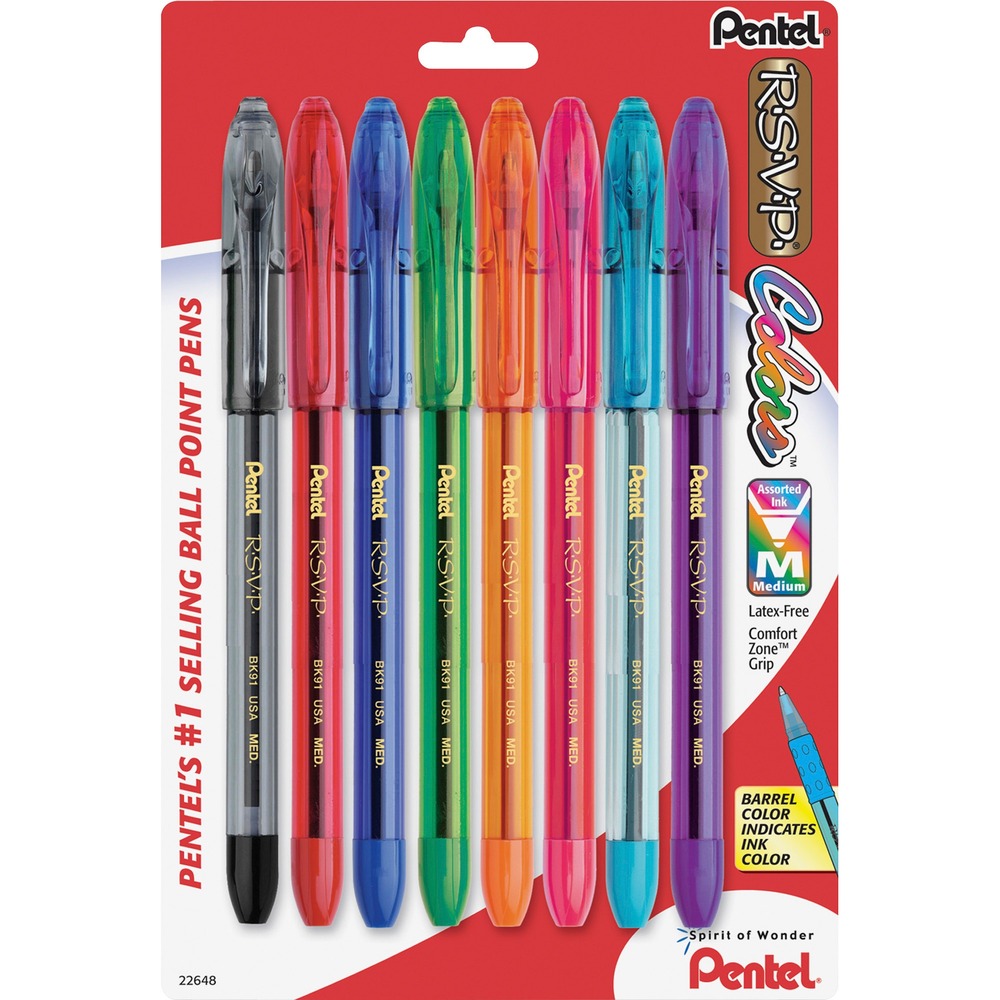 PENBK91CRBP8M - R.S.V.P. Ballpoint Stick Pens feature an ergonomic barrel design with a soft, latex-free, rubberized, Comfort Zone grip. Refillable pen delivers exceptional balance, comfort and control for fatigue-free writing. Durable, stainless steel tip delivers a consistent line with smooth ink. Color indicator ball in cap and sleeve on barrel match ink color. Refill with Pentel BKL7 (0.7mm) or BKL10 (1.0mm) refills.