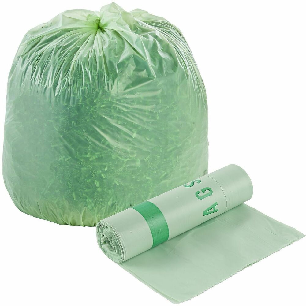 STOE3039E11 - Compostable trash bags meet ASTM 6400 certifications for compostable plastics. The bags are 100 percent compostable. Bags control odor and dissipate moisture.