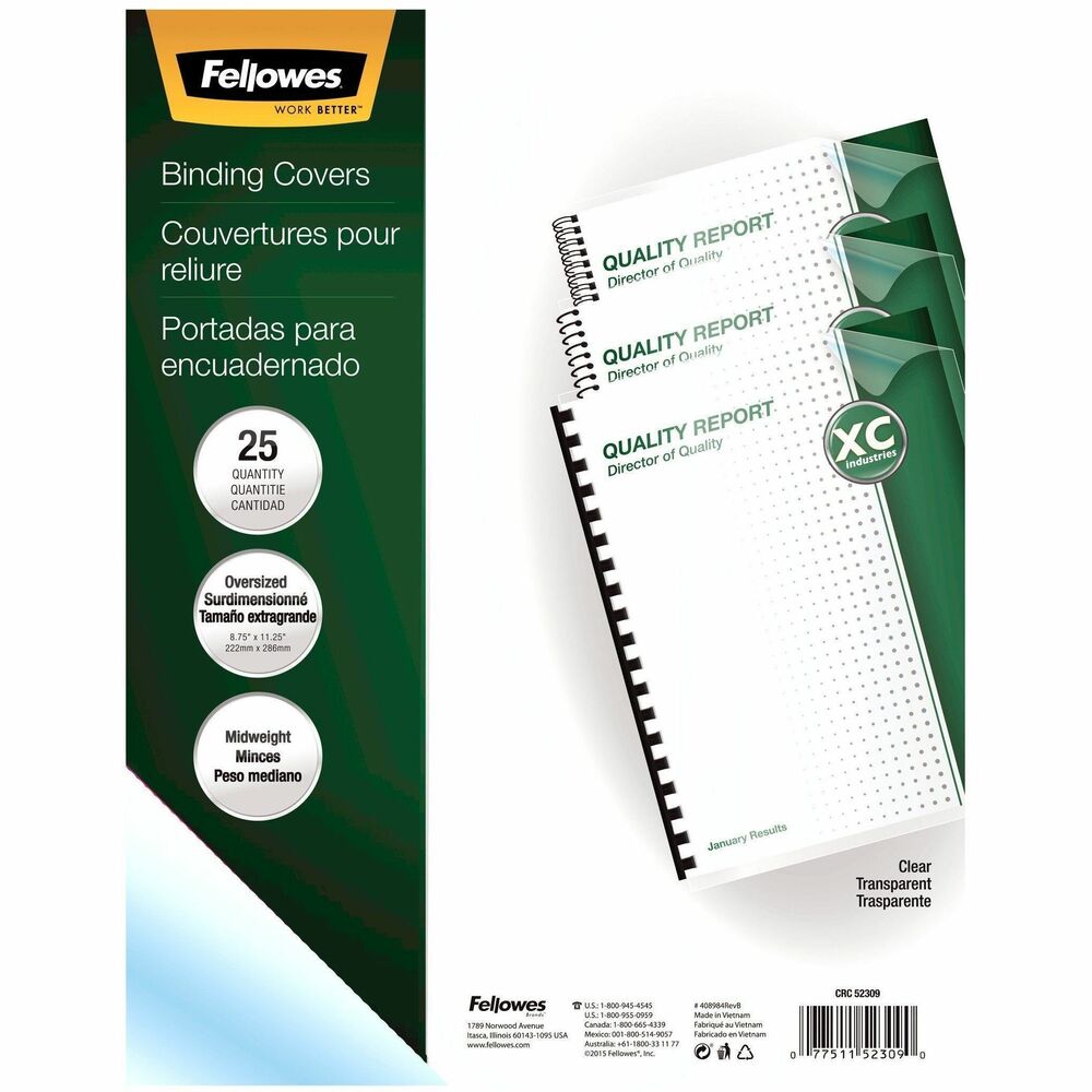 FEL52309 - Oversized presentation covers with rounded corners are made with durable, clear plastic to protect bound documents from spills and tears. Transparent cover highlights your title page. Unpunched covers easily adapt to any binding system, except thermal binding systems. More from the Manufacturer