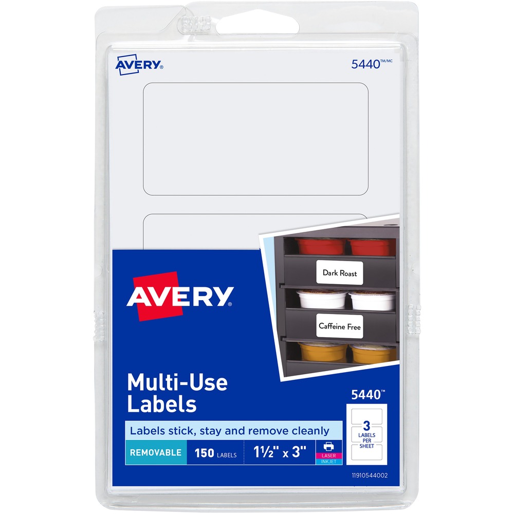 AVE05440 - Self-adhesive labels are perfect for addressing, identifying, updating, organizing and price marking. Labels stick, stay and remove cleanly for easy updates. Multipurpose labels adhere to smooth surfaces including paper, cardboard, plastic, wood, glass and metal. Labels come on a 4" x 6" sheet size. Write on or print using your laser or inkjet printer. More from the Manufacturer