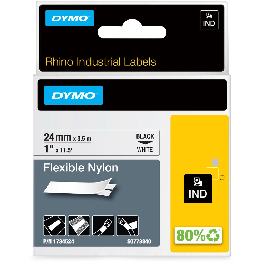 DYM1734524 - 1" flexible nylon label tape is specifically designed for wire and cable marking as well as other curved surfaces. Strong adhesion and flexibility make it ideal for industrial use, even where your label will encounter dirt and oil. 24mm labels are compatible with Dymo Rhino 6500, 6000, 5200. More from the Manufacturer