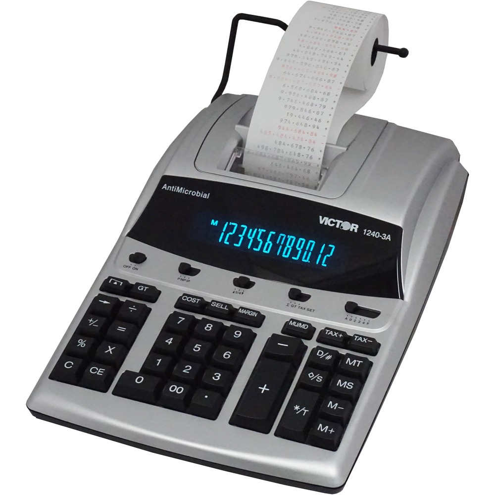 VCT12403A - 12-digit professional desktop calculator prints 4.5 lines per second in two colors. Design features a 12-digit fluorescent display and commercial keyboard. Functions include automatic tax keys, markup/gross profit margin, four-key independent memory, delta percent-percent of change, percent, change sign, grand total, item count, date/nonadd, and sigma. Calculator runs on AC power and is made with a high percentage of recycled material. More from the Manufacturer