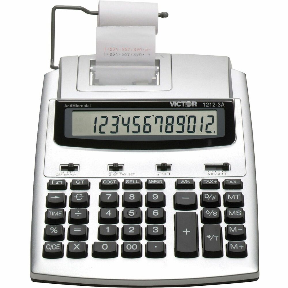 VCT12123A - This 12-digit calculator is perfect for the occasional user, especially in a small office or home office setting. Extra-large LCD allows easy viewing. Contemporary silver and black styling complements any modern desktop decor. Environmentally friendly calculator is made with recycled plastic. You can count on the fast and reliable, 2.7 lines-per-second ink roller printer. Cost/sell/margin keys allow quick and easy profit margin calculations (simply enter two variables and the third automatically appears). Other functions include: automatic tax keys, constants in multiplication and division, percentage add-on and discount, time/date, change sign key, large-size add and subtract keys, item count, fully selectable decimal settings, date/non-add key, and selectable rounding switches and four key independent memory. Calculator operates on four AA batteries (not included) or on the included AC adapter. More from the Manufacturer