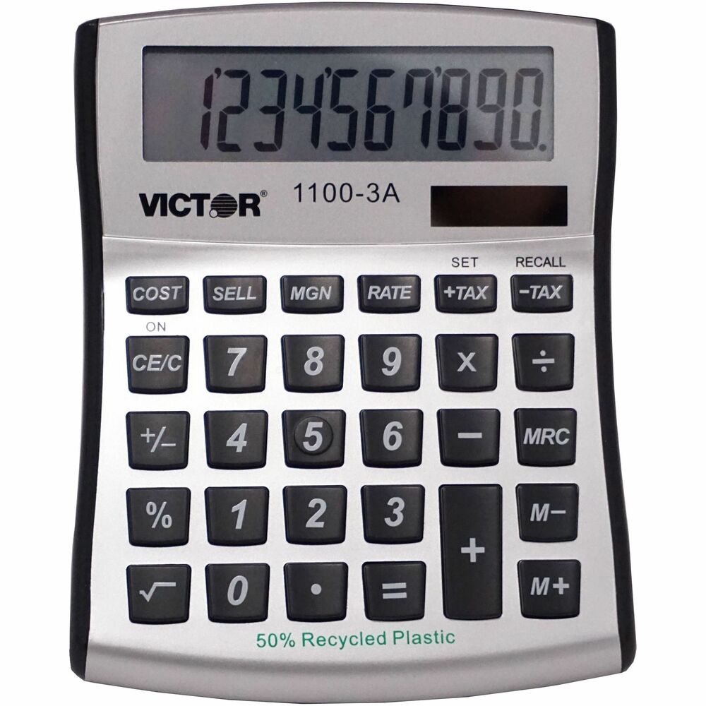 VCT11003A - Mini Desktop Calculator features a large angled, 10-digit display that is easy to read. Automatic Tax Keys calculate the tax amount to be added or subtracted to the original price. Other functions include cost/sell/margin keys, percent key, square root, change sign, and three-key independent memory. Dual-powered calculator runs on solar power with battery backup. AG13 battery is included and replaceable. Eco-friendly calculator is manufactured with post-industrial recycled plastic. More from the Manufacturer