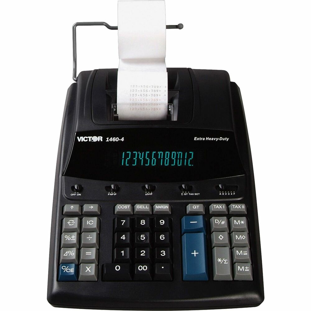 VCT14604 - Extra Heavy-duty Printing Calculator with built-in paper arm prints 4.6 lines per second in two colors. 12-digit fluorescent display has 17mm tall display digits for easy viewing. Design also includes large, well-spaced contoured keys. Functions include two independent tax registers, four-key memory, item count, delta percent of change, grand total, sigma, date/nonadd key and subtotal key. Cost-sell-margin keys allow you to quickly and easily solve cost-sell-margin problems by entering two variables, and the third appears and prints. Calculator weighs 3 lb. More from the Manufacturer